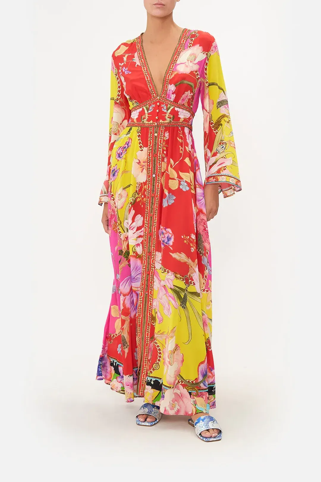 Camilla The Beetles Kimono Sleeve Dress With Shirring Detail & Matching Camilla Ring Scarf Clutch Floral Size XL/AU16 for rent on The Volte - main image
