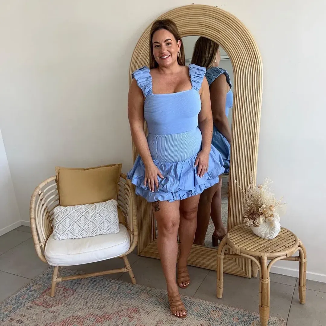 Aje Allard Ruched Strap Knit Top and Turner Bubble Skirt Set Sky Blue Size 10 for rent on The Volte - main image