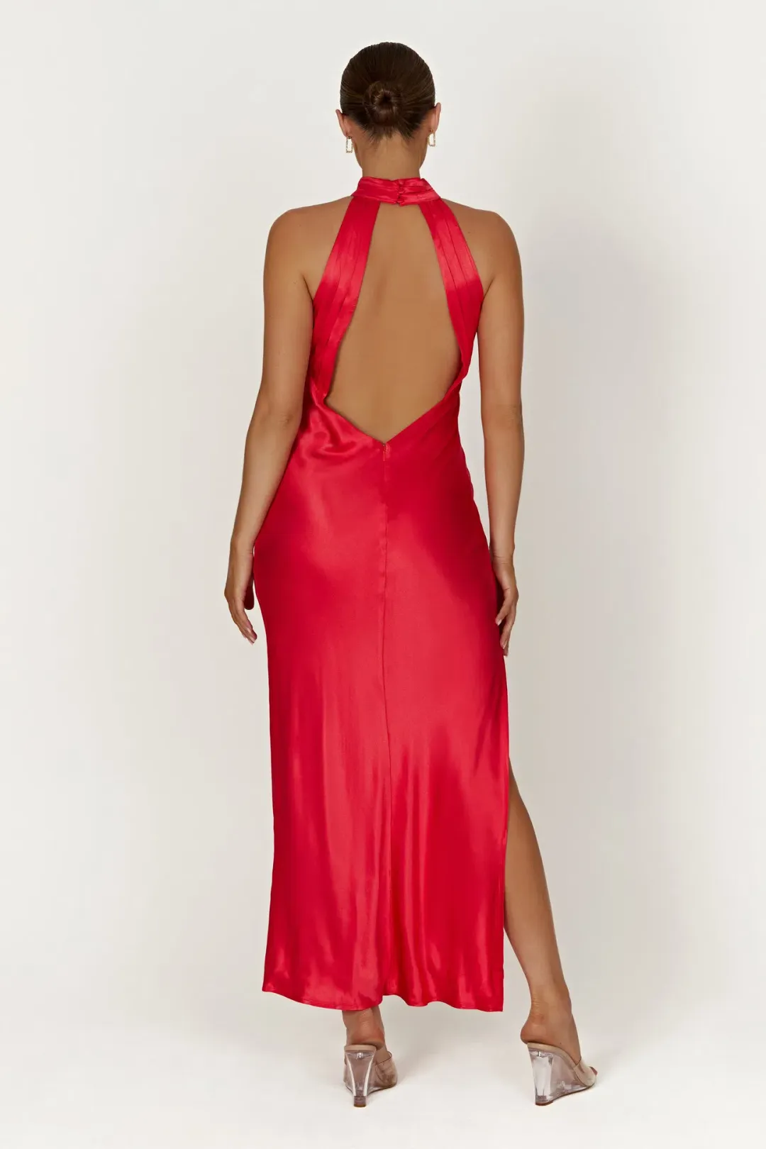 Meshki Claire Satin Drape Back Maxi Dress with Split in Red Size M / Au 10 for rent on The Volte - main image