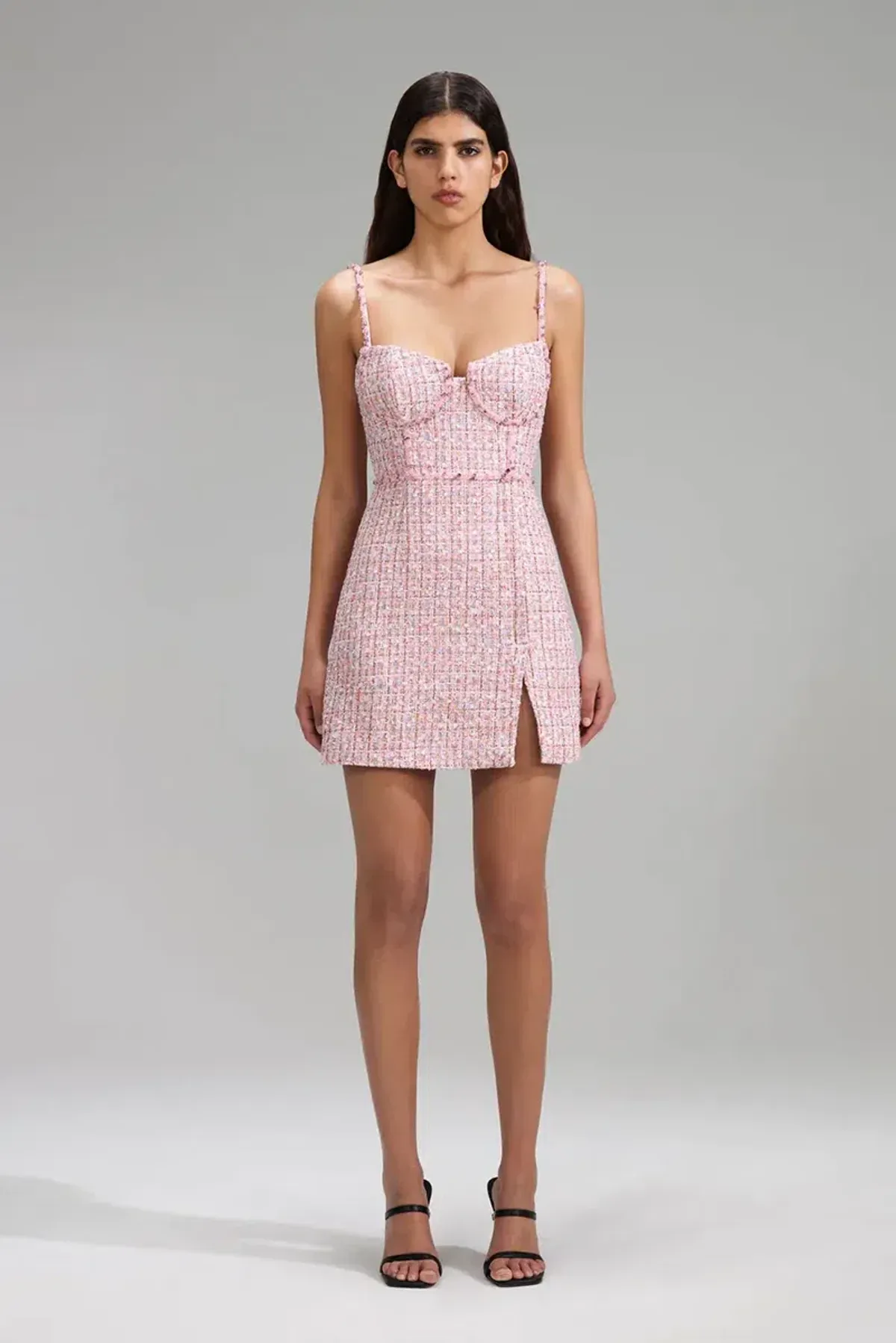 Self Portrait Bouclé Tweed Diamante Mini Dress Pink Size 10 - Image 1