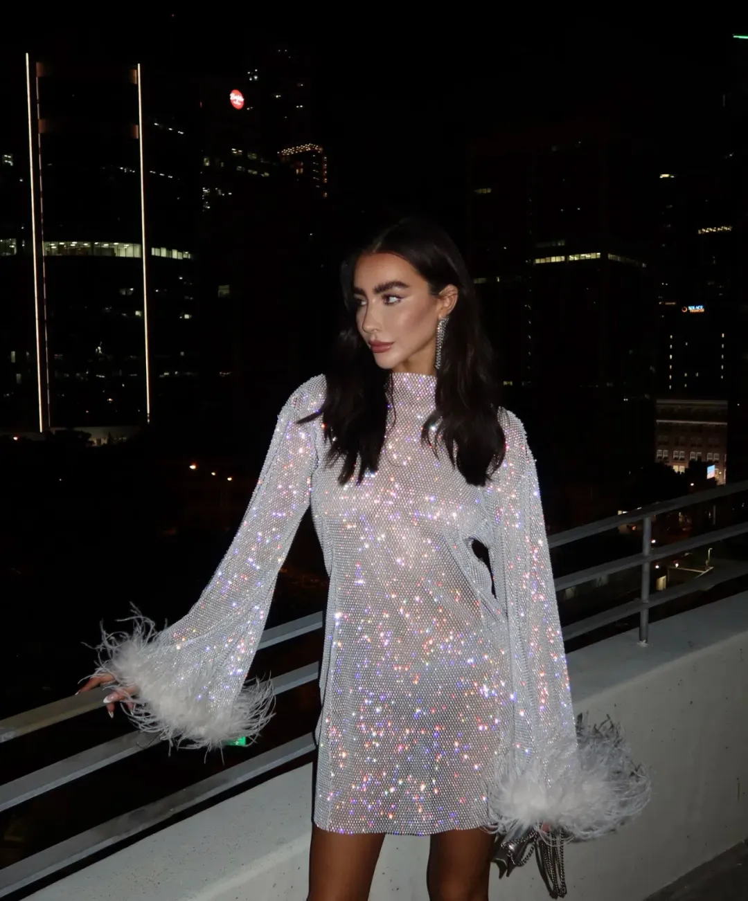 Heiress Beverly Hills Crystal Embellished Feather Trim Mini Dress White Size 8 for rent on The Volte - main image