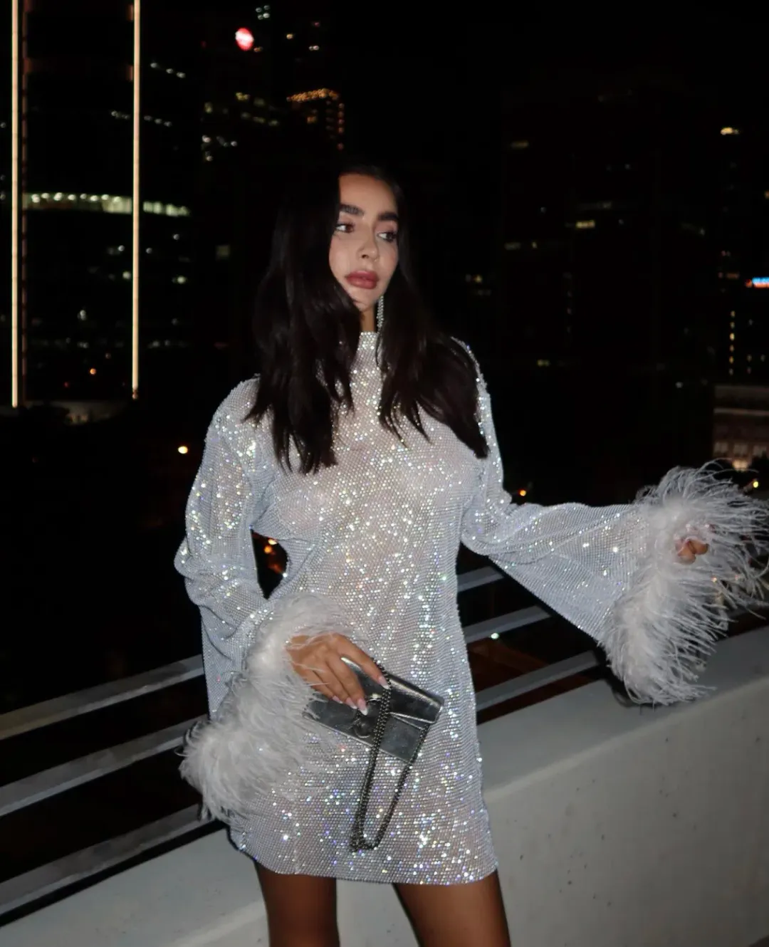 Heiress Beverly Hills Crystal Embellished Feather Trim Mini Dress White Size 8 for rent on The Volte - main image