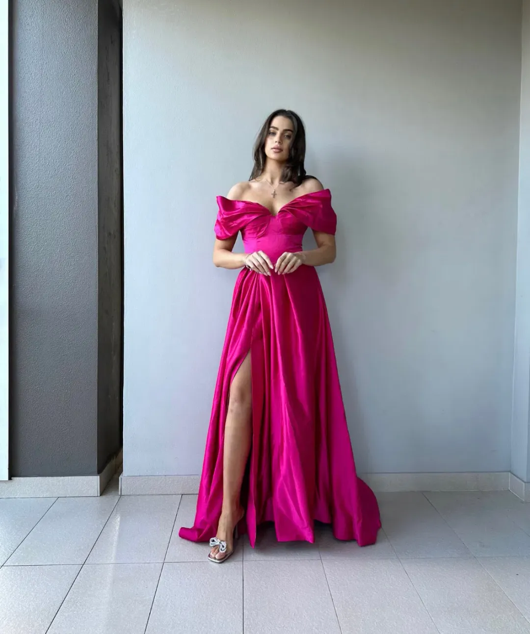 Custom Off Shoulder Formal Gown Pink Size 8/10 for rent on The Volte - main image