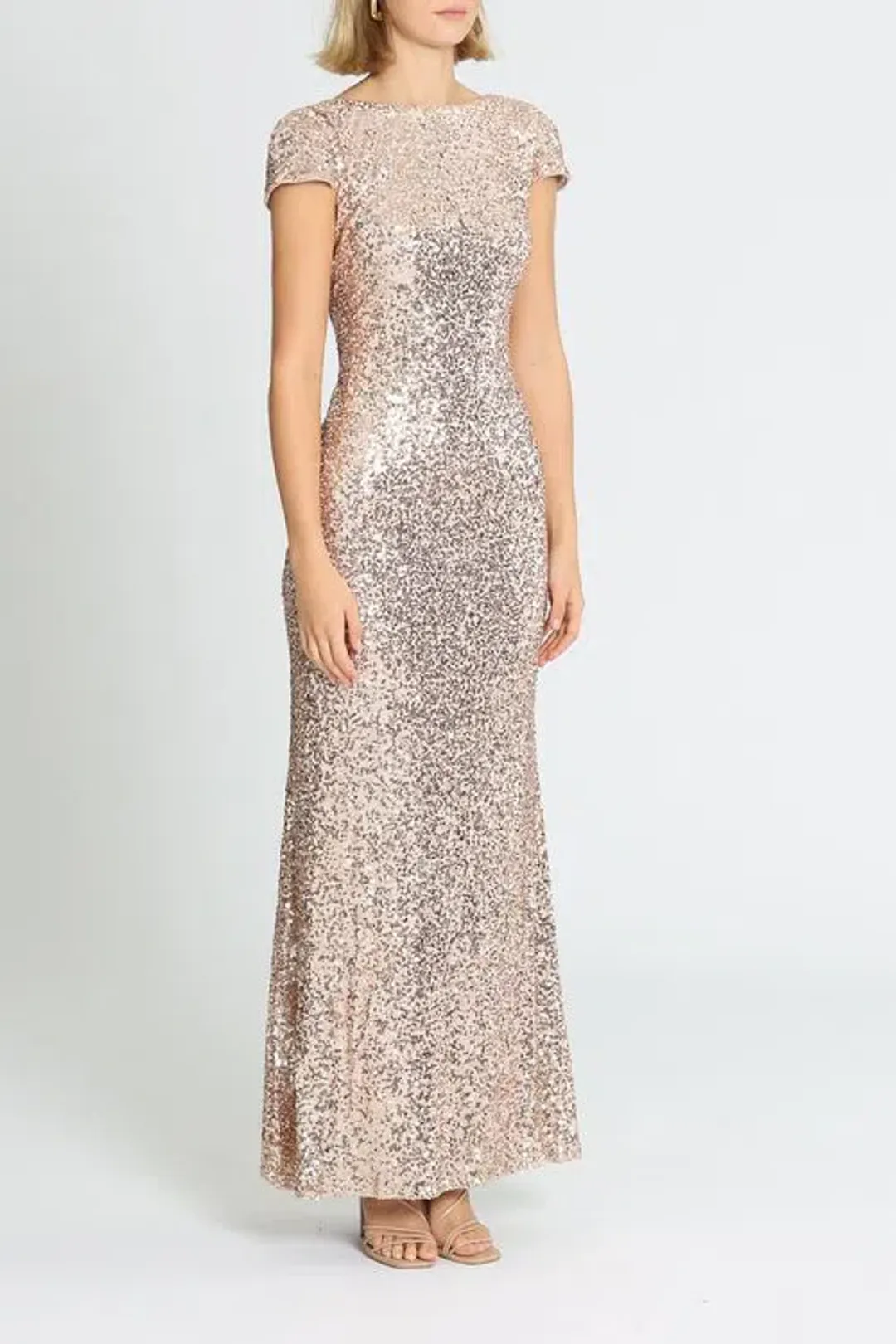 Badgley Mischka Sequin Cowl Back Gown Rose Gold Size 8 for rent on The Volte - main image