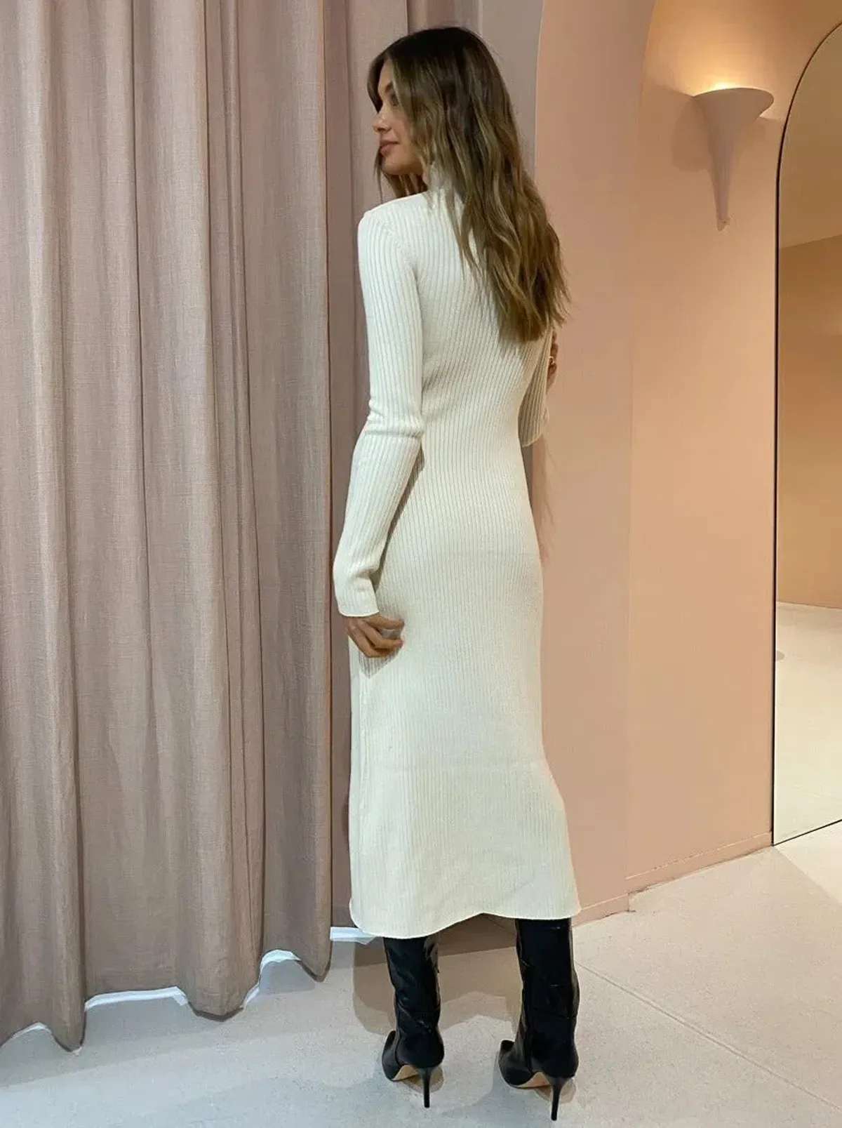 Camilla And Marc Ecru High Neck Gray Rib Knit Midi Dress Size 10  - Image 2