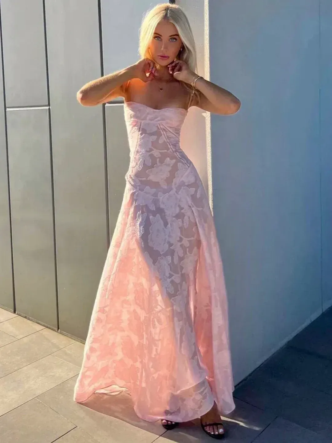 House Of CB Seren Corset Lace Back Maxi Dress Soft Pink Floral Size XS / AU 6 for rent on The Volte - main image