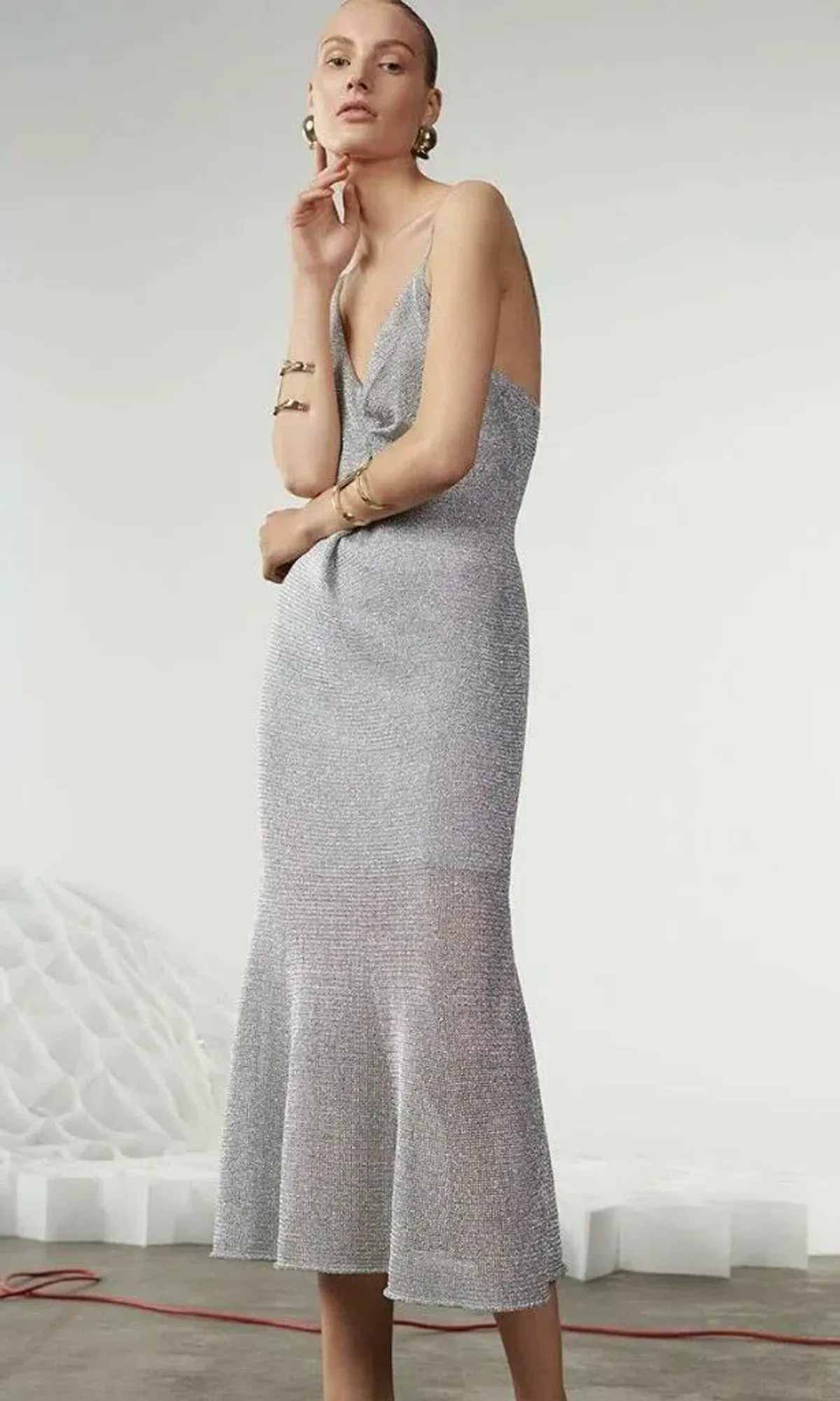 Sass & Bide Liquid Metal Knit Midi Dress Silver Size 8 - Image 3