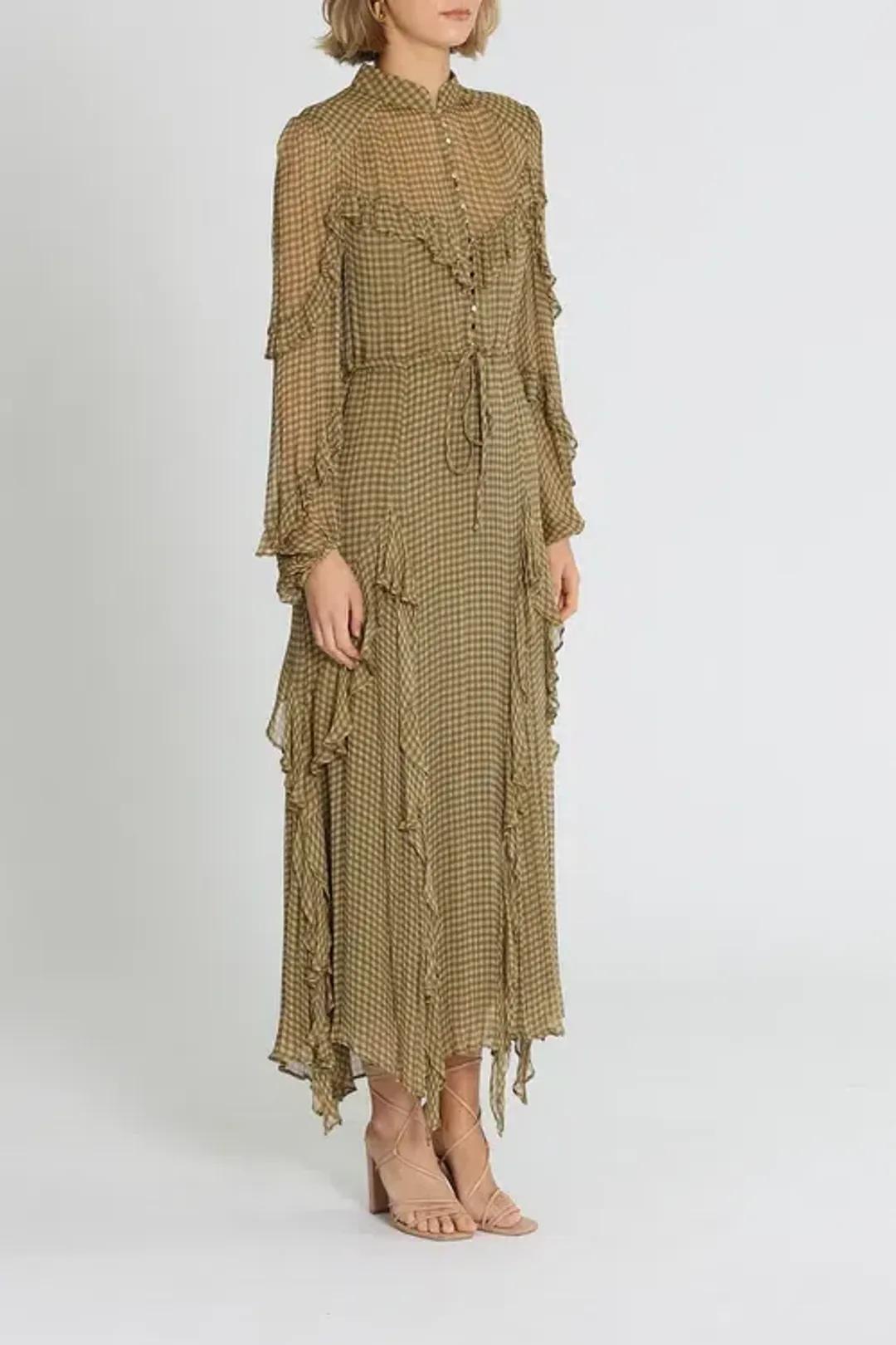 Shona Joy Eleonora Drawstring Frill Midi Dress Olive Khaki Size 8 for rent on The Volte - main image