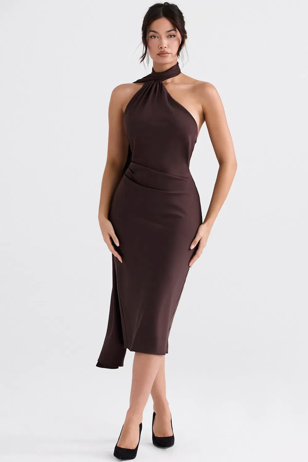 House of CB Angelina Wrap Neck Midi Dress Chocolate Size XS / AU 6 - Image 1