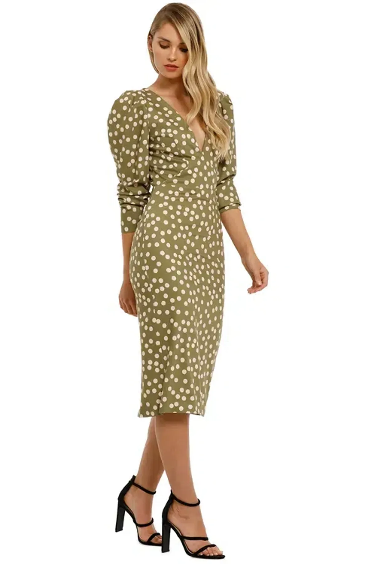 By Johnny Peach Polka V Plunge Midi Dress Olive Green Khaki Size AU 6 - Image 2