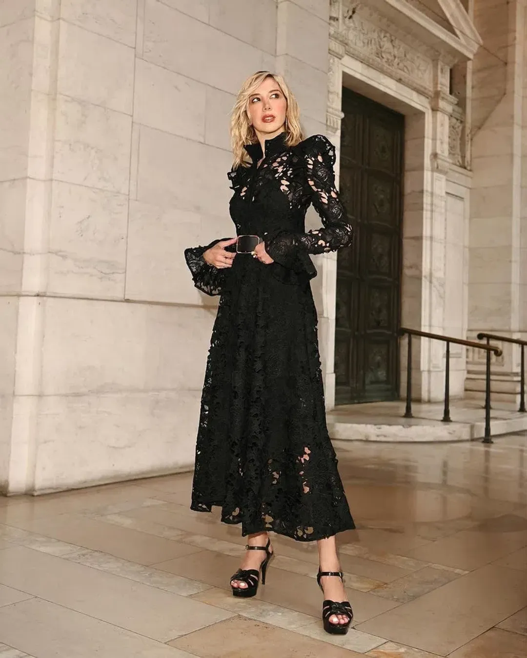 Leo Lin Aliyah Lace Butterfly Sleeve Midi Dress Black Size 8  for rent on The Volte - main image