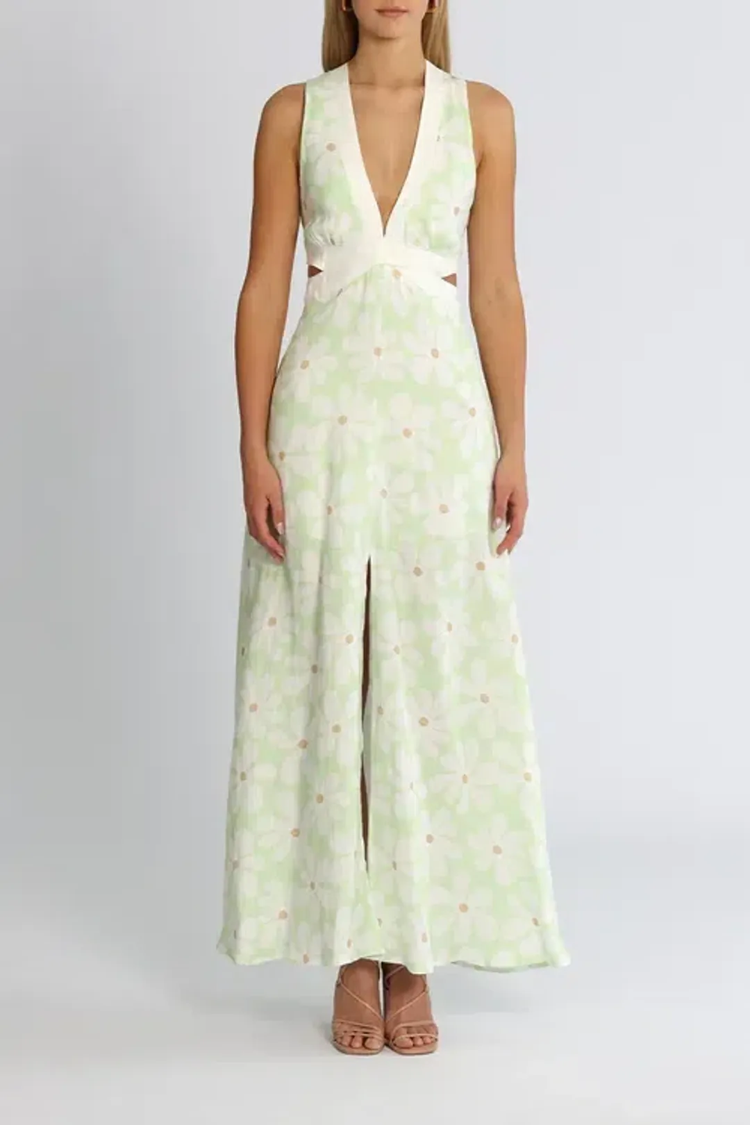 By Johnny Fleur Tie Back Midi Dress Green Floral Size 12 for rent on The Volte - main image
