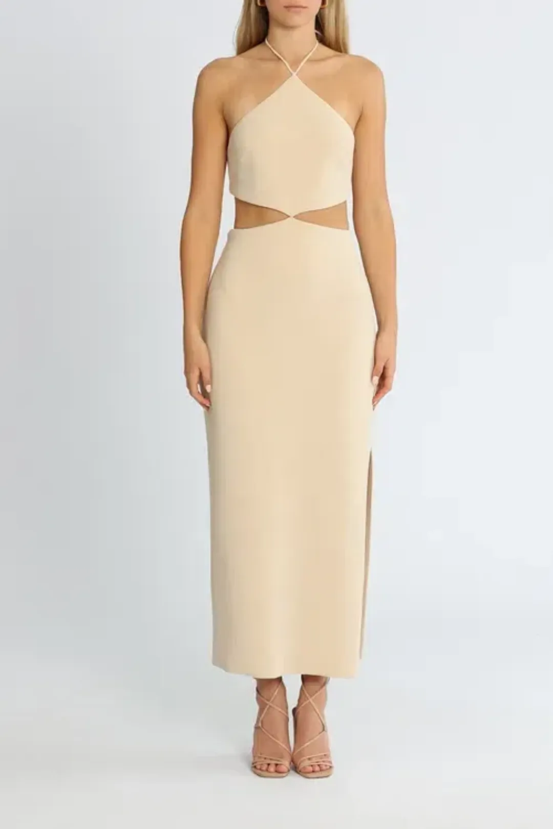Bec & Bridge Iris Halter Midi Dress Macadamia Nude Size AU 14 for rent on The Volte - main image