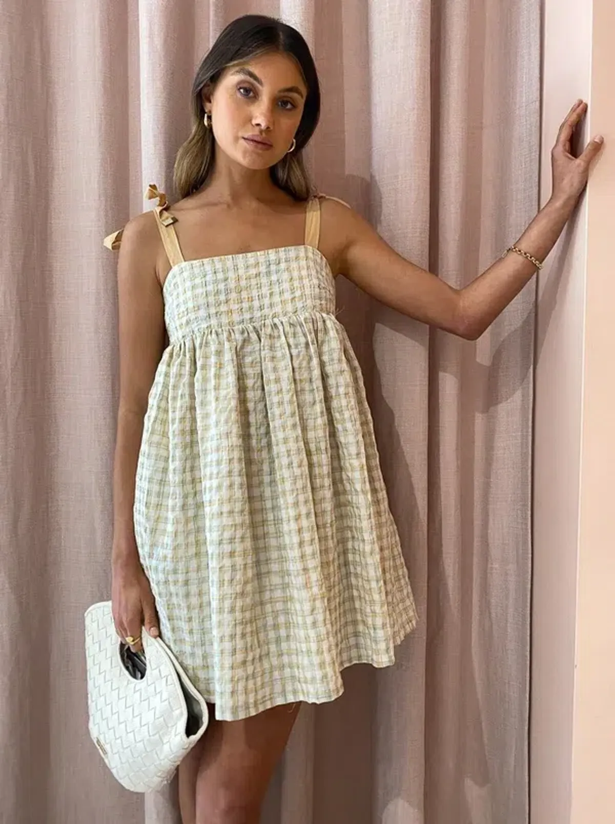 Mon Renn Lucille Mini Dress in Marigold Check Multi Size 12 - Image 2