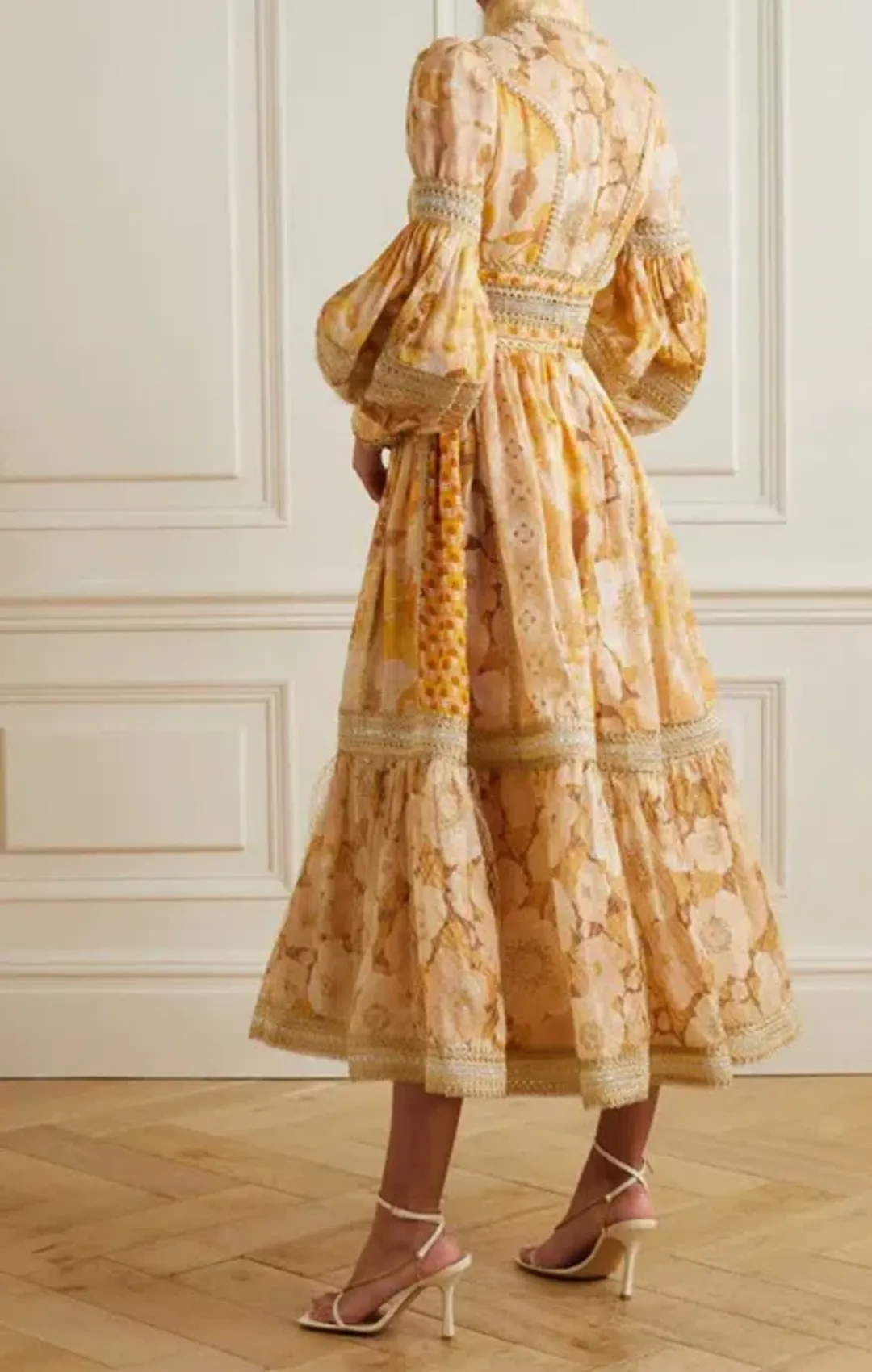 Zimmermann Tempo Spliced Trim Gown Gold Mixed Print Size 16 for rent on The Volte - main image