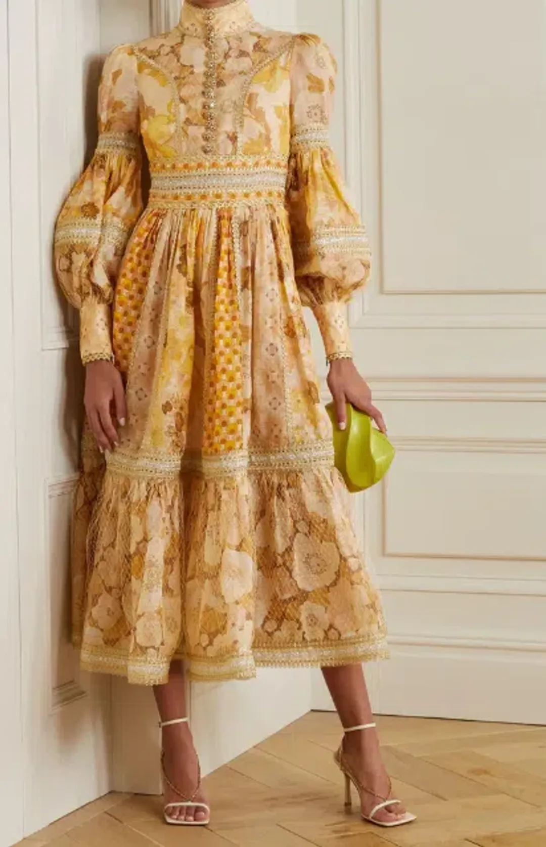 Zimmermann Tempo Spliced Trim Gown Gold Mixed Print Size 16 for rent on The Volte - main image