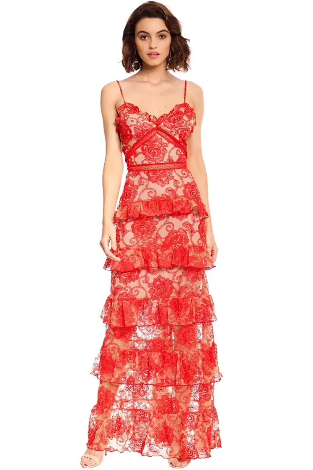Nicholas Rosie Lace Tiered Gown Red Size 10 for rent on The Volte - main image