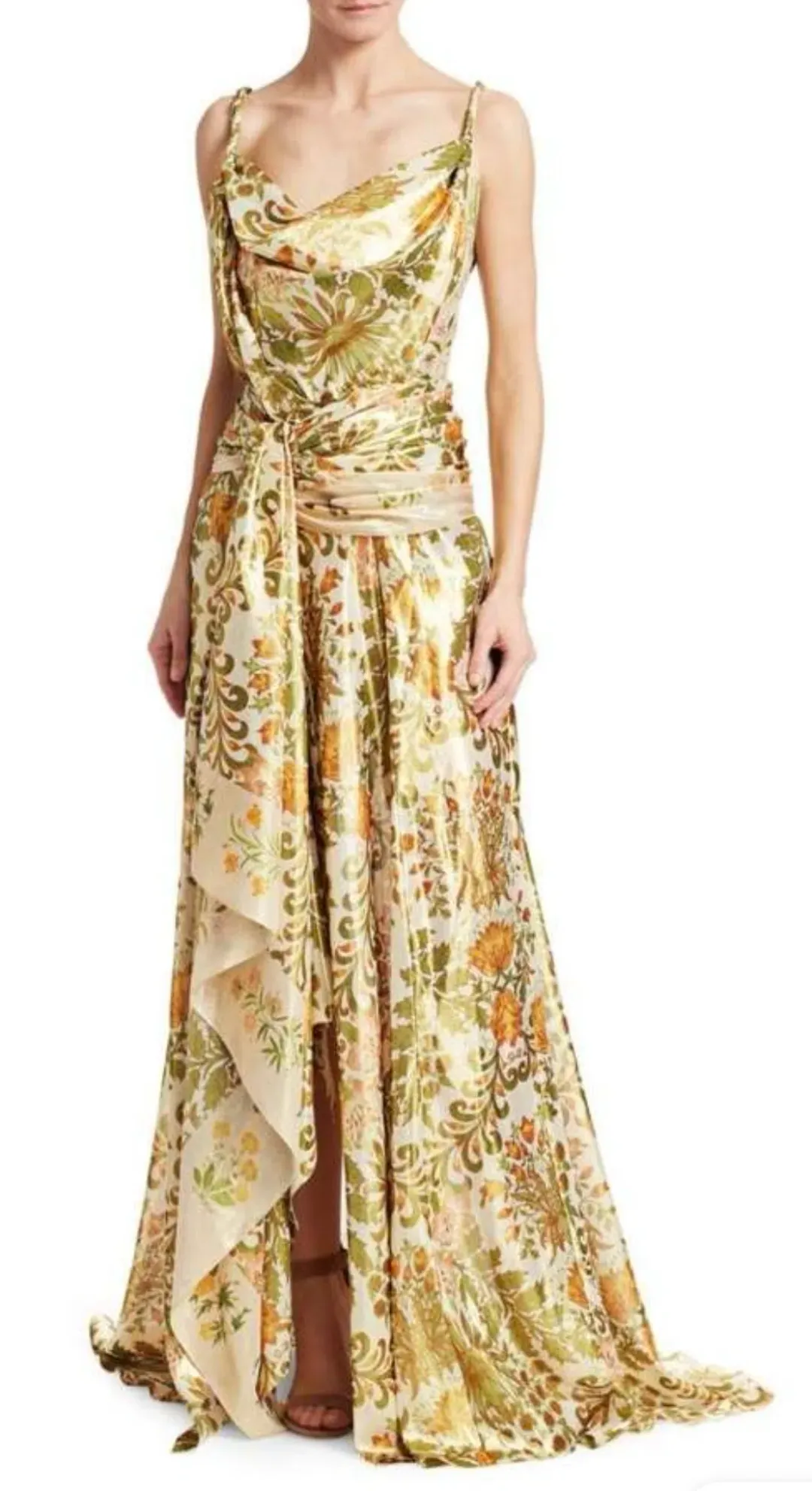 Oscar De La Renta Metallic Lamé Silk-Blend Crepe De Chine Gown Sage Green Size US 6 (AU 10) for rent on The Volte - main image