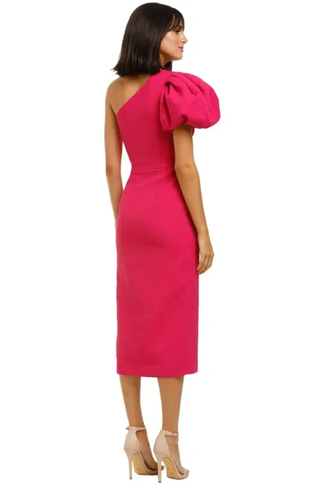 Rebecca Vallance Natalia One Sleeve Midi Dress Magenta Fuschia Pink Size 10 for rent on The Volte - main image