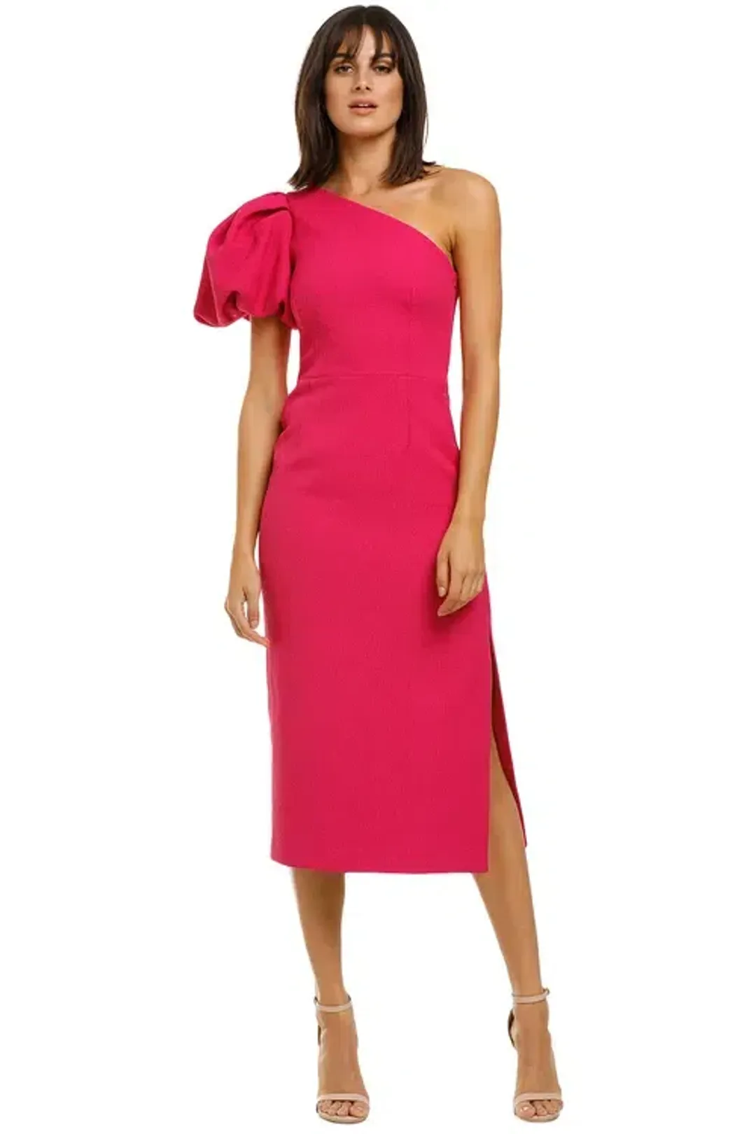 Rebecca Vallance Natalia One Sleeve Midi Dress Magenta Fuschia Pink Size 8 for rent on The Volte - main image
