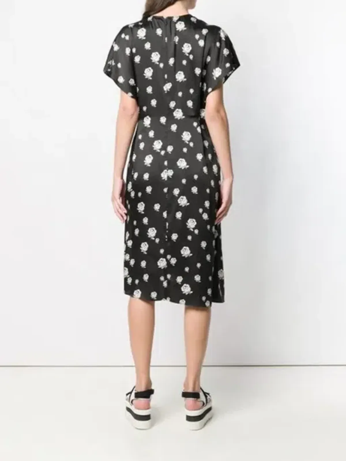 Kenzo Gathered Rose-Print Asymmetric Midi Dress Black/White Size 10 - Image 5