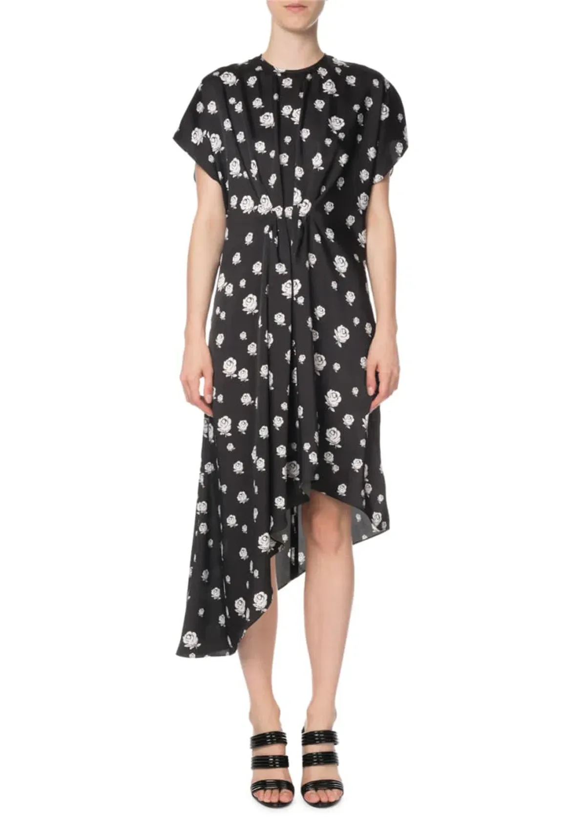 Kenzo Gathered Rose-Print Asymmetric Midi Dress Black/White Size 10 - Image 1