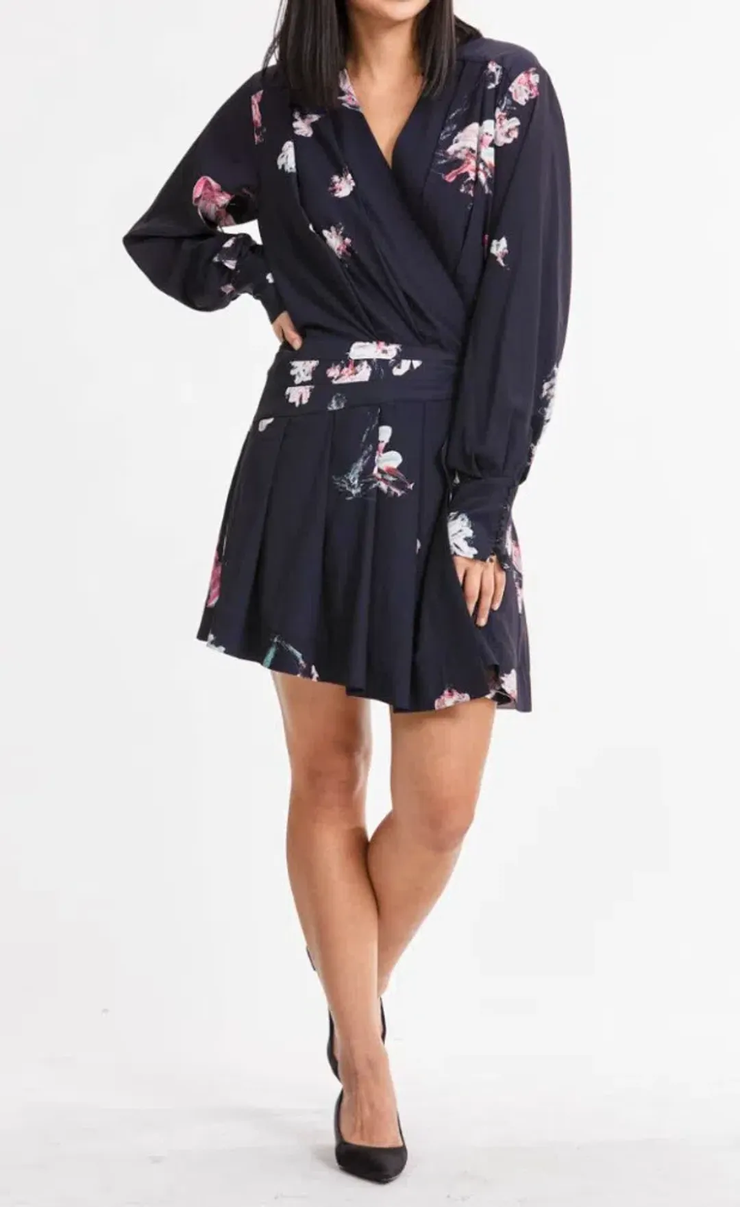 AJE Gabyon Long Sleeved Wrap Floral Print Mini Dress Kimono Black/Pink Size 6 for rent on The Volte - main image