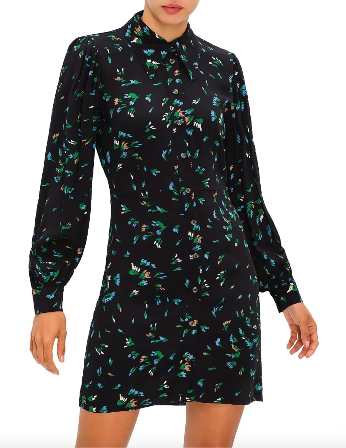 Ganni Printed Crepe Floral Shirt Mini Dress Black/Verdant Green Print Size 12 - Image 1