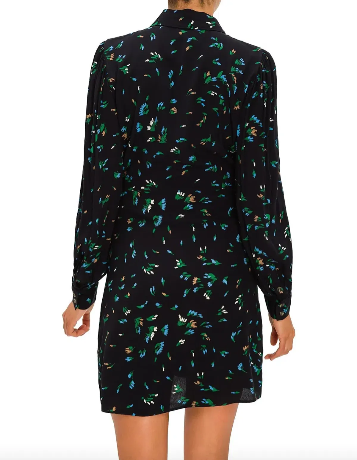 Ganni Printed Crepe Floral Shirt Mini Dress Black/Verdant Green Print Size 12 - Image 5