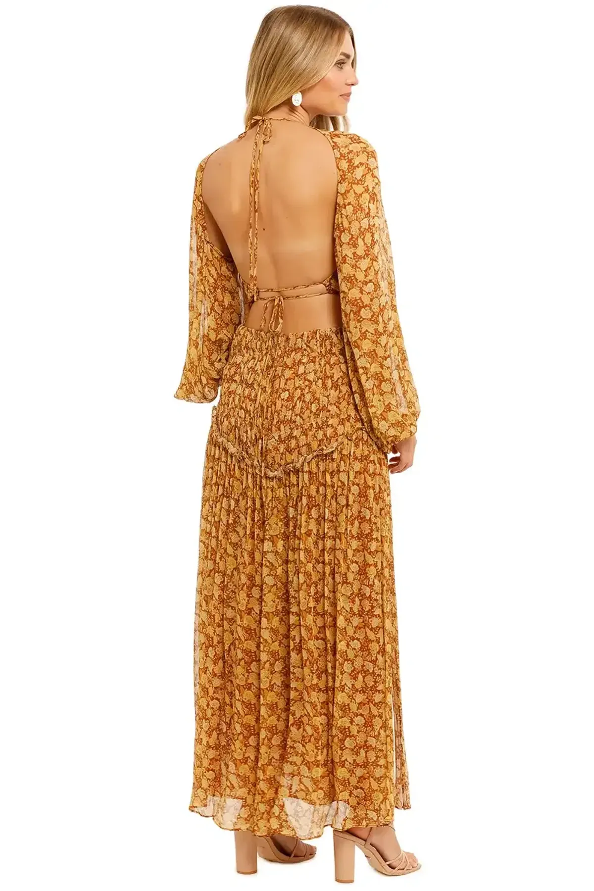 Shona Joy Sunset Cut Out Midi Dress Tumeric Brown Multi Print Size AU 8 - Image 3