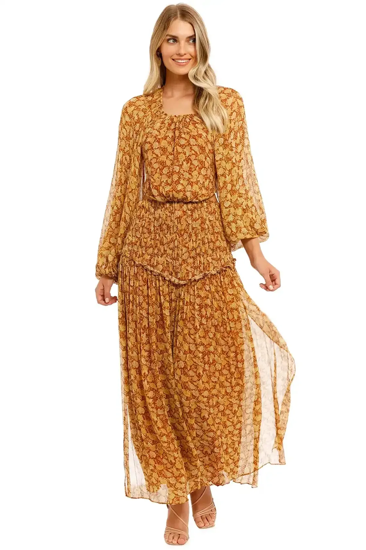 Shona Joy Sunset Cut Out Midi Dress Tumeric Brown Multi Print Size AU 8 - Image 1