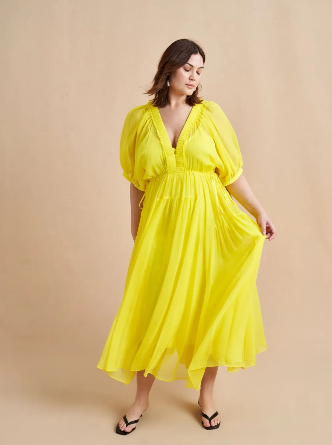 La Ligne Constance Shirred Silk-Chiffon Midi Dress Yellow Size 12 for rent on The Volte - main image