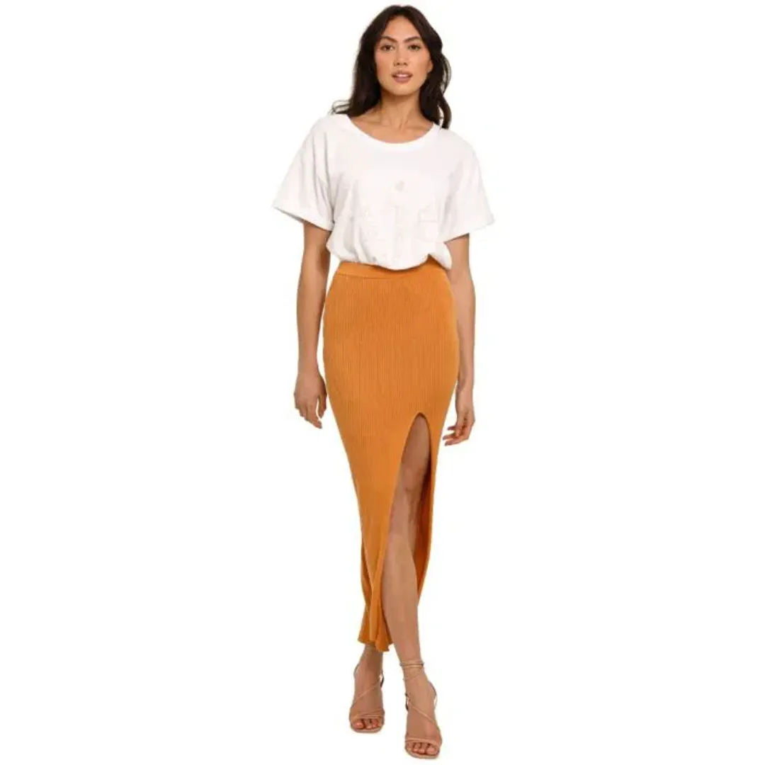 Bec & Bridge Margot Knit Midi Skirt Nutmeg Size 12 for rent on The Volte - main image