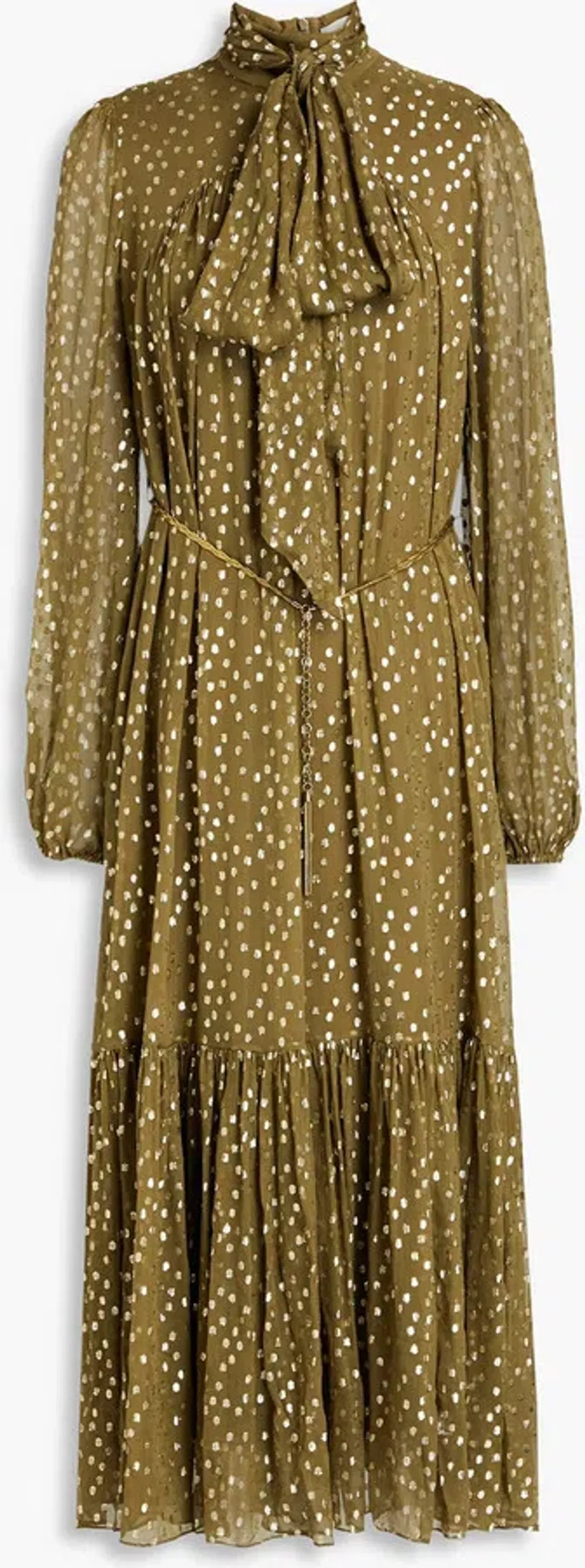 Zimmermann Billow Pussy-bow Metallic Fil Coupé Silk-blend Crepon Midi Dress Green Size AU 10 for rent on The Volte - main image