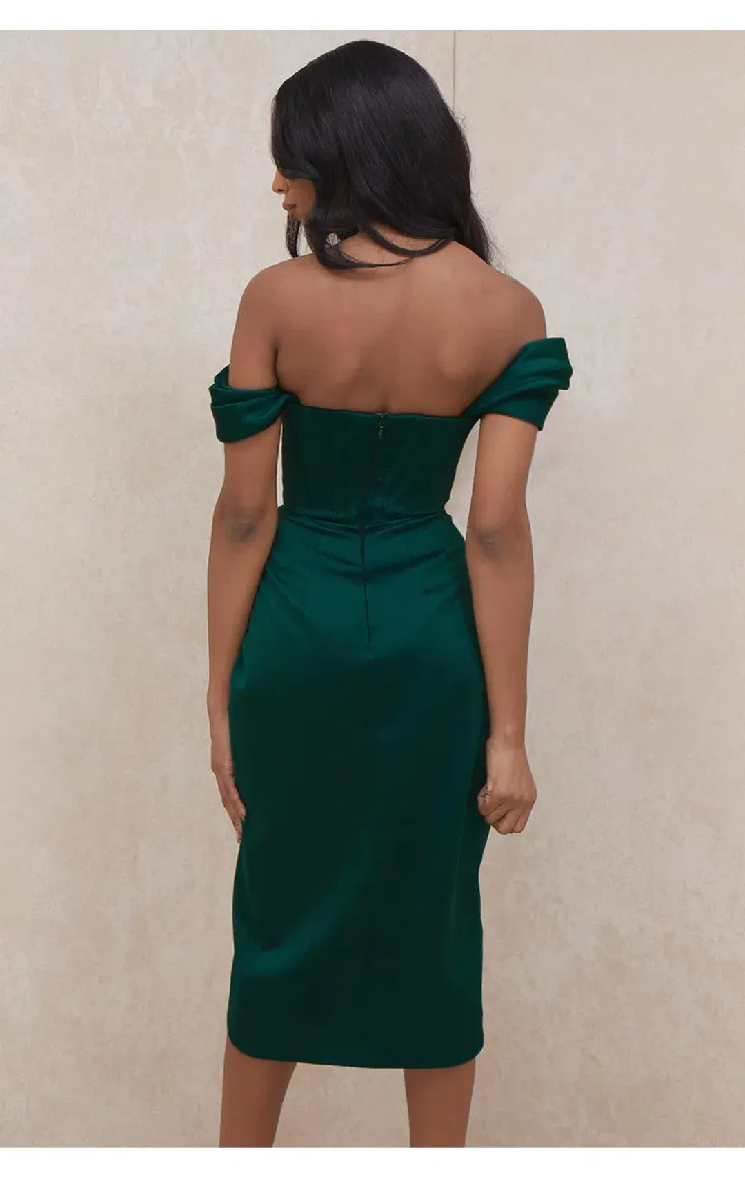 House of CB Loretta Satin Off Shoulder Dress Emerald Green Size L / AU 12 for rent on The Volte - main image