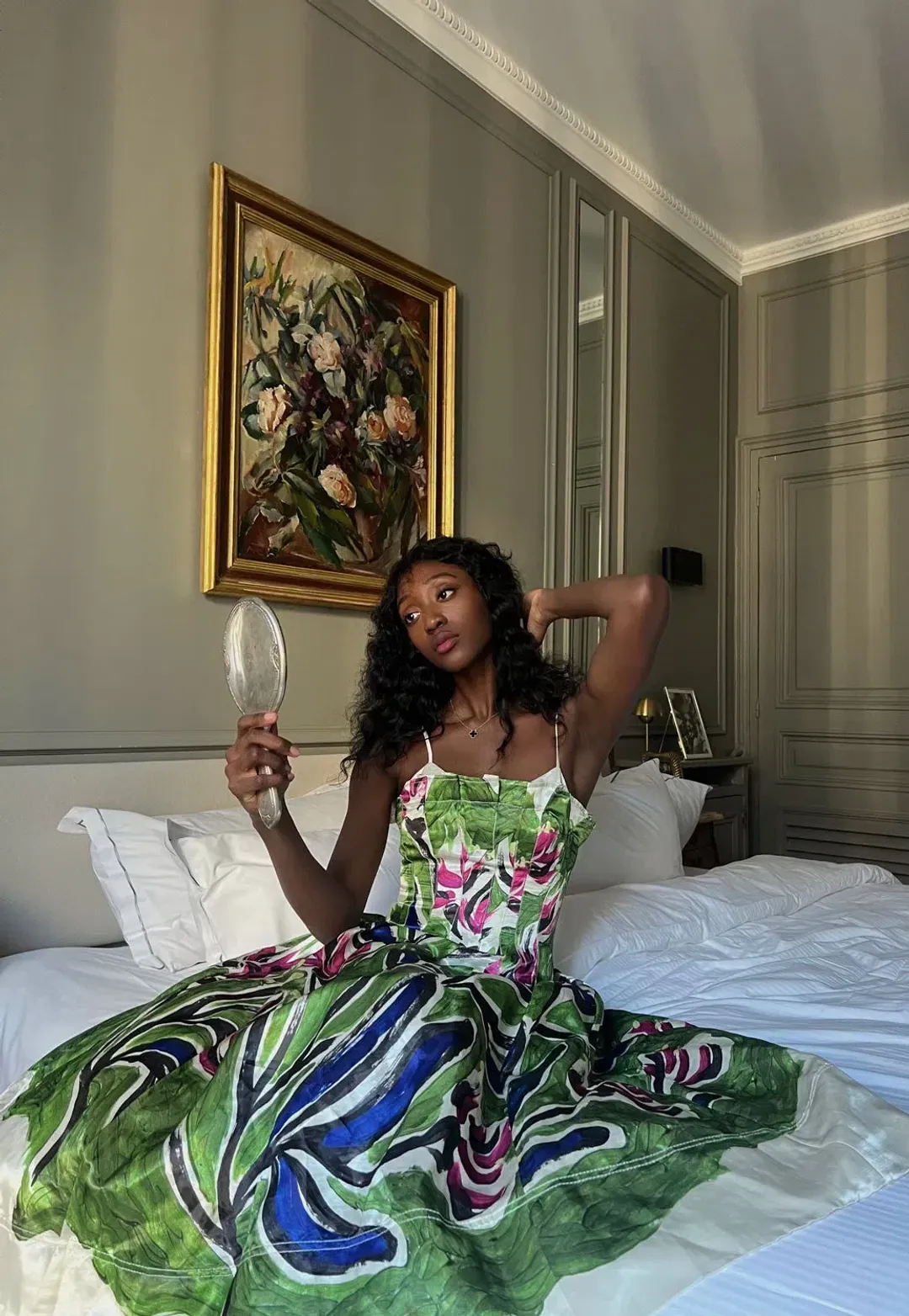 Aje Paradiso Green Floral Cinched Midi Dress Native Gumnut Floral Size 14 for rent on The Volte - main image