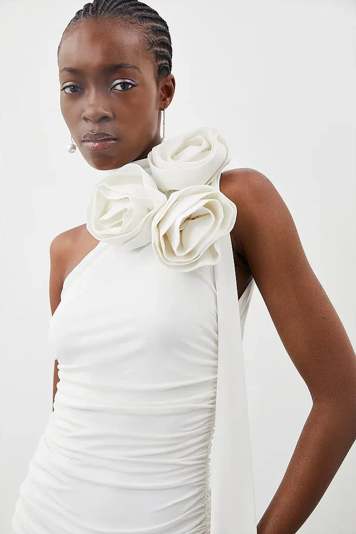 Karen Millen Drapey Ruched Jersey Rosette Midi Dress White Size S /Au 8 - Image 2