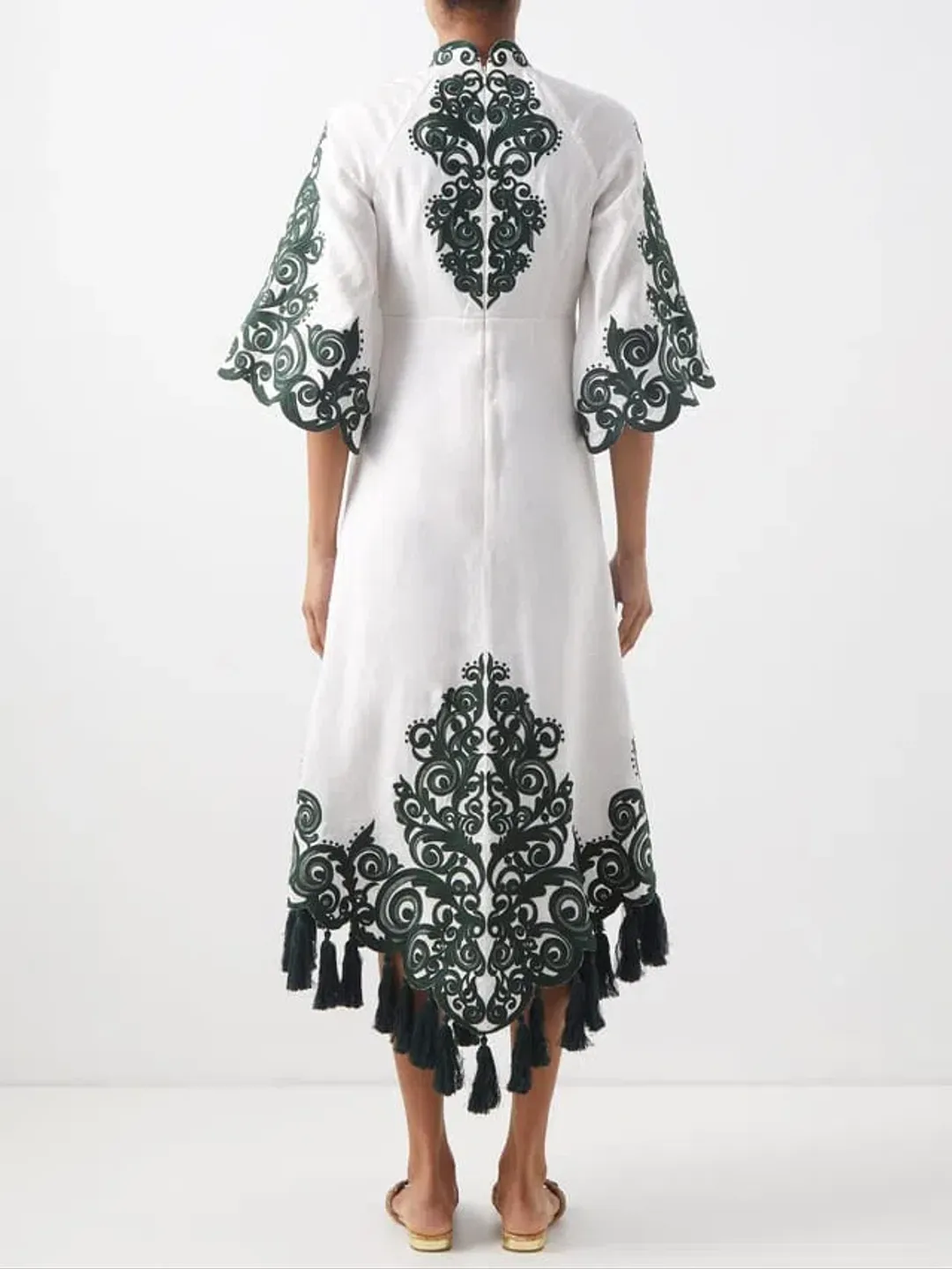 Zimmermann Anneke Tassel-Trimmed Embroidered Linen Dress Ivory/Green Size 0 / Au 8  for rent on The Volte - main image