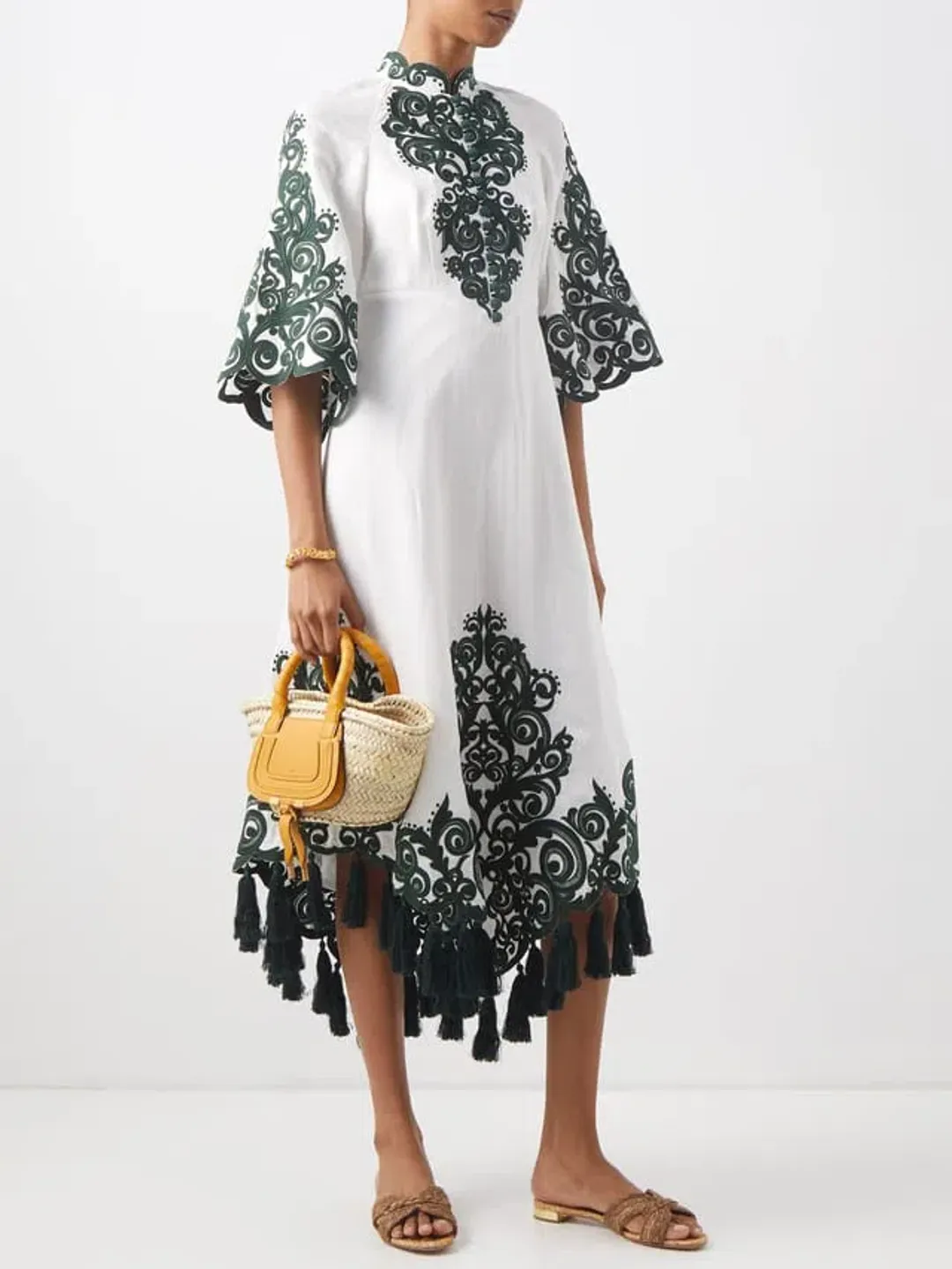 Zimmermann Anneke Tassel-Trimmed Embroidered Linen Dress Ivory/Green Size 0 / Au 8  for rent on The Volte - main image
