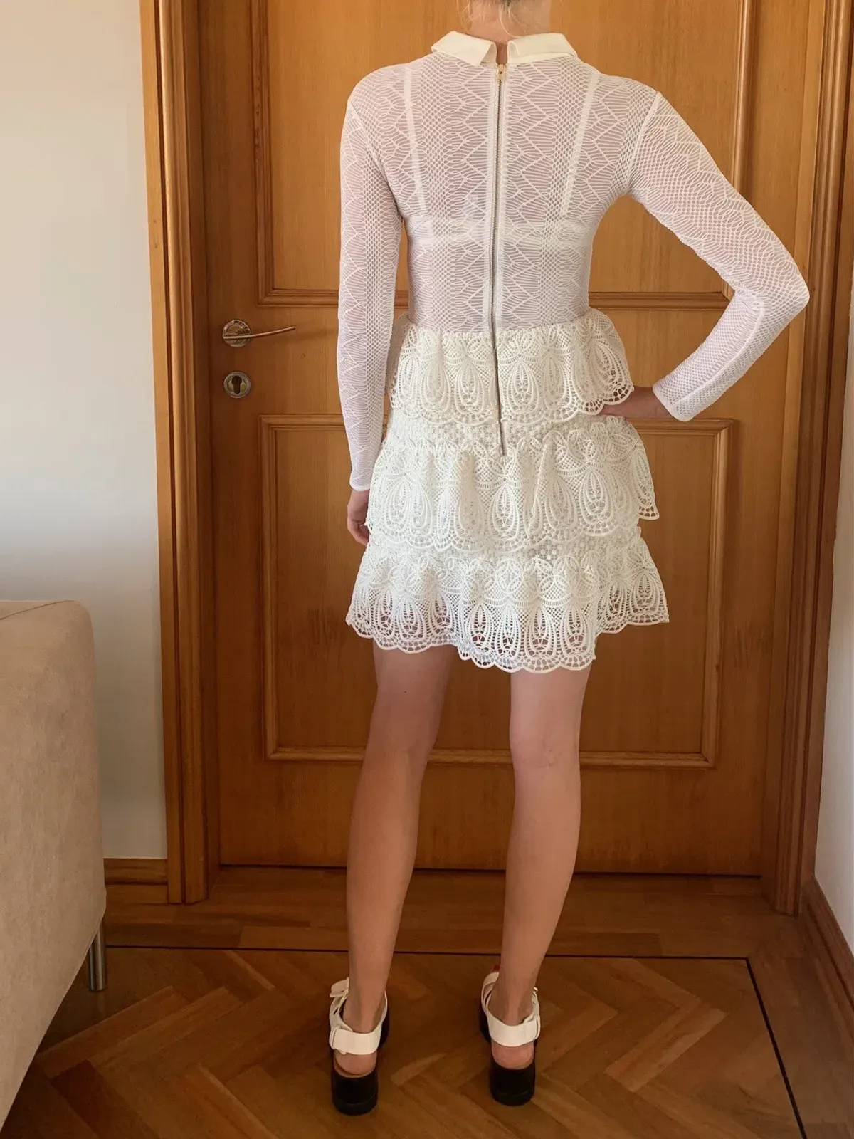 Self-Portrait Long-Sleeve Tiered Scalloped Lace Dress White Size AU 12 - Image 4