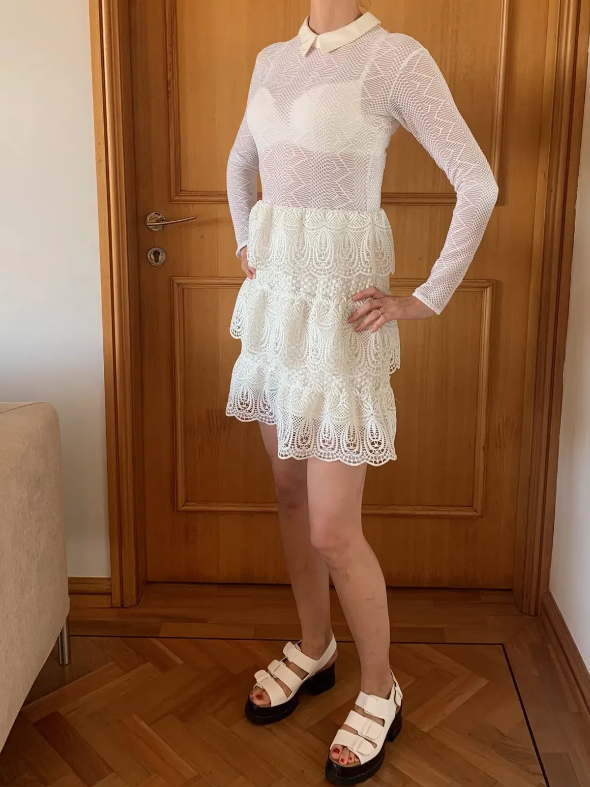 Self-Portrait Long-Sleeve Tiered Scalloped Lace Dress White Size AU 12 - Image 3