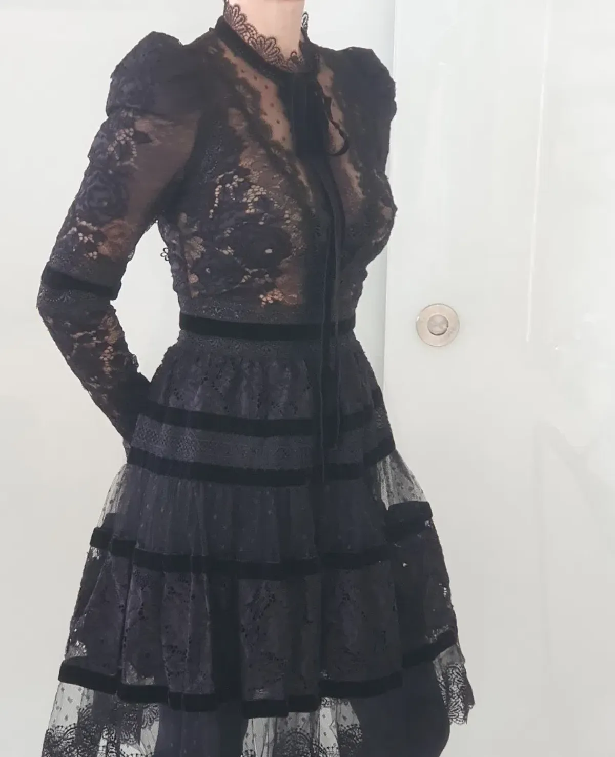 Elie Saab Velvet Trimmed Lace Mini Dress Black Size 6 - Image 3