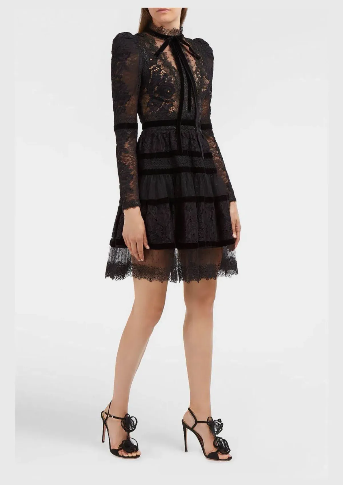 Elie Saab Velvet Trimmed Lace Mini Dress Black Size 6 - Image 1