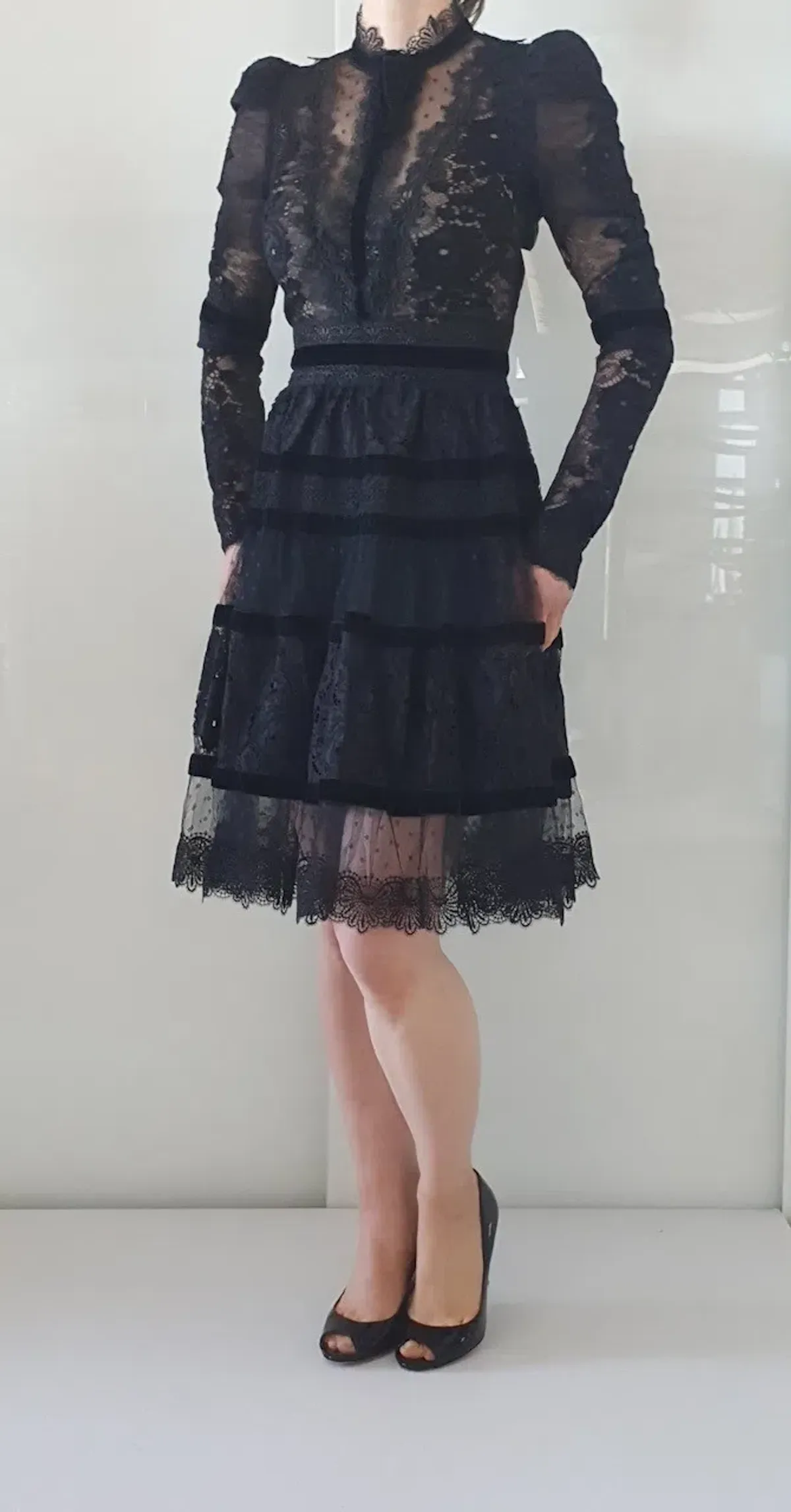 Elie Saab Velvet Trimmed Lace Mini Dress Black Size 6 - Image 4