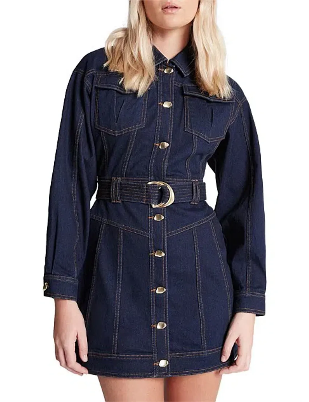 Aje Philia Belted Denim Mini Dress Blue Size 10 for rent on The Volte - main image