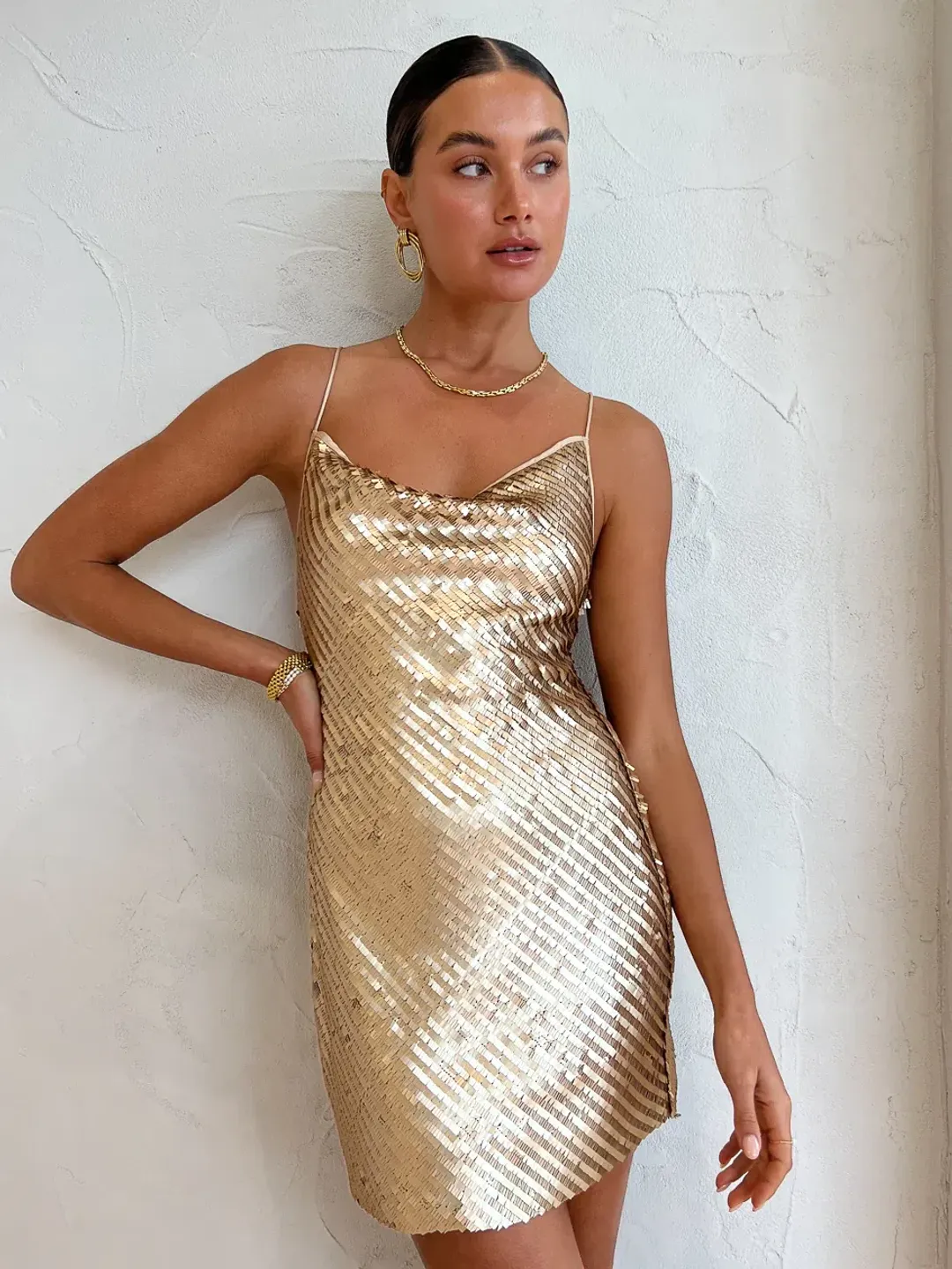 Suboo Prya Cowl Neck Mini Dress Gold Size 10  for rent on The Volte - main image