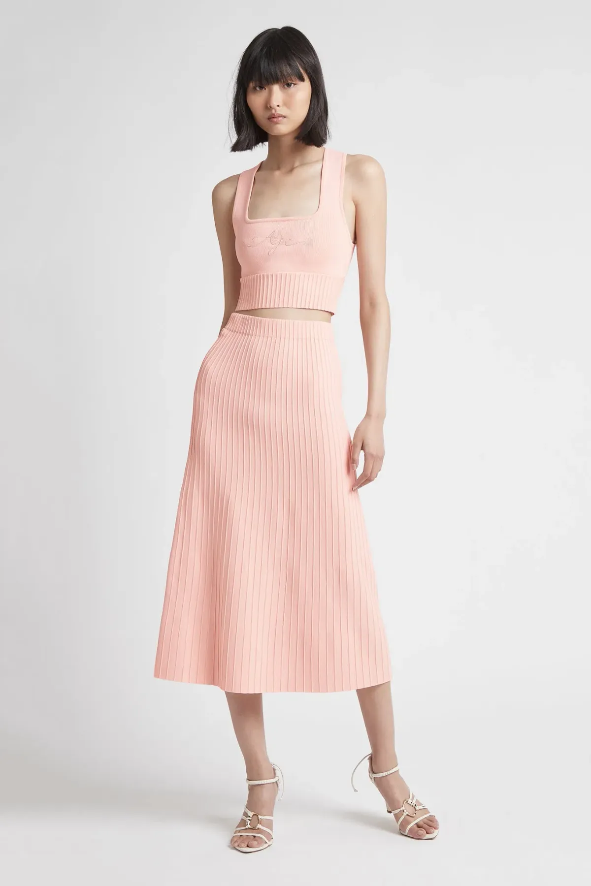 Aje Livadi Cut Out Knit Logo Crop Top and Frey Knit Midi Skirt Set Nude Pink Size S / AU 8 - Image 1