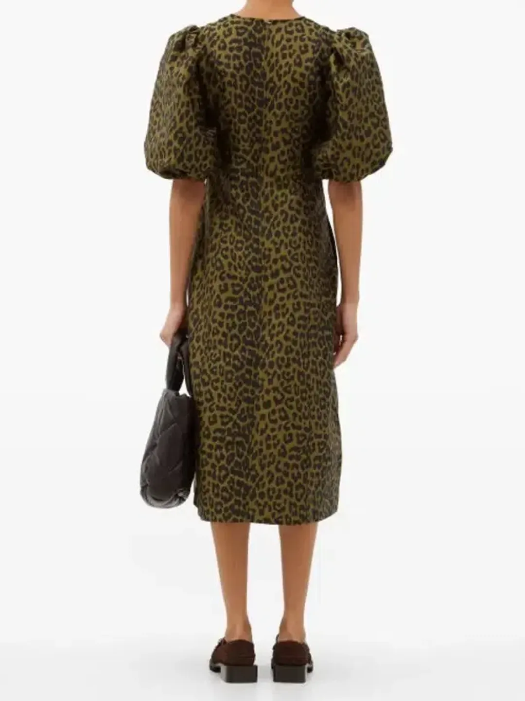Ganni Puff Sleeve Leopard Jacquard Midi Dress Print Size 44 for rent on The Volte - main image