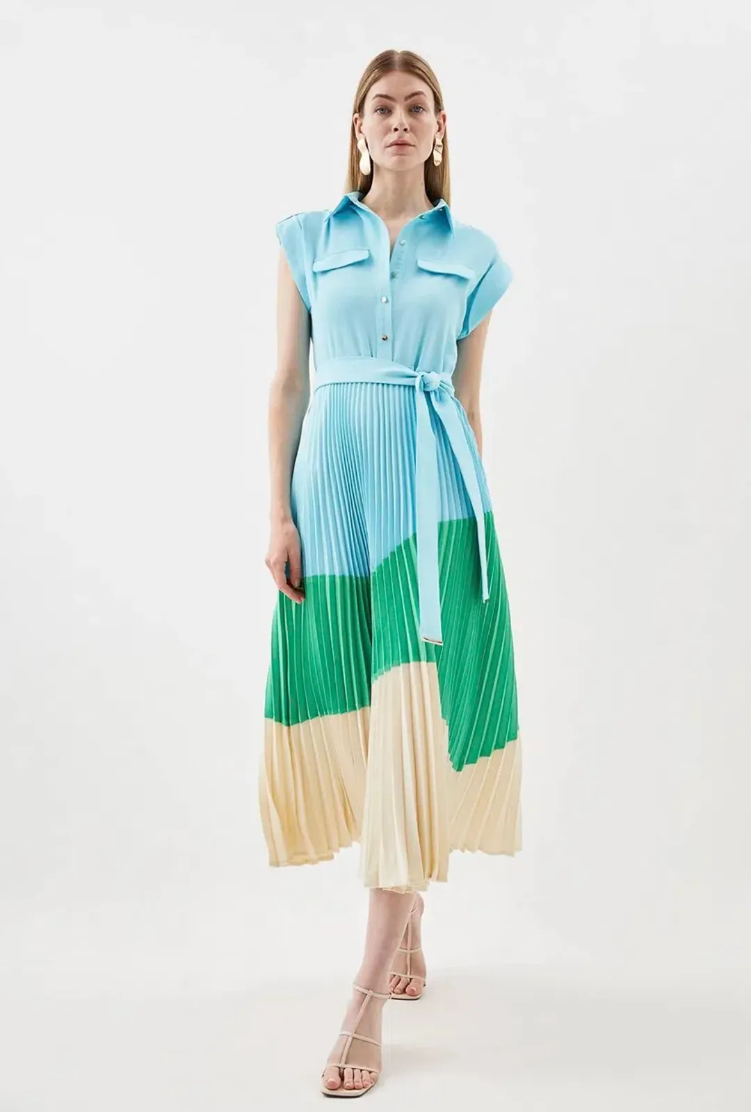 Karen Millen Colour Block Pleated Woven Midi Shirt Dress Multi Size 8 for rent on The Volte - main image