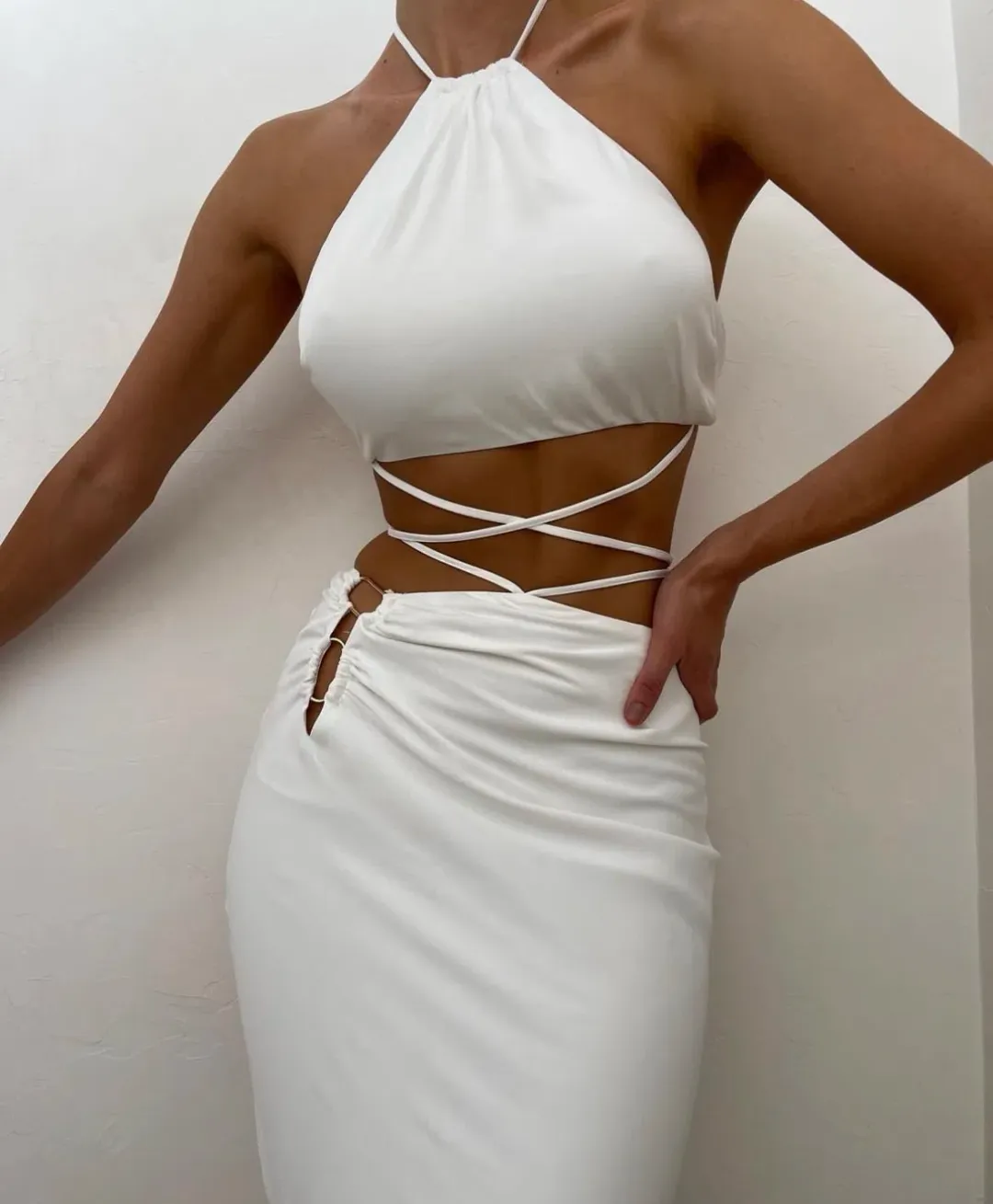 MESHKI Leanne Halter Tie Front Midi Dress White Size 6 for rent on The Volte - main image